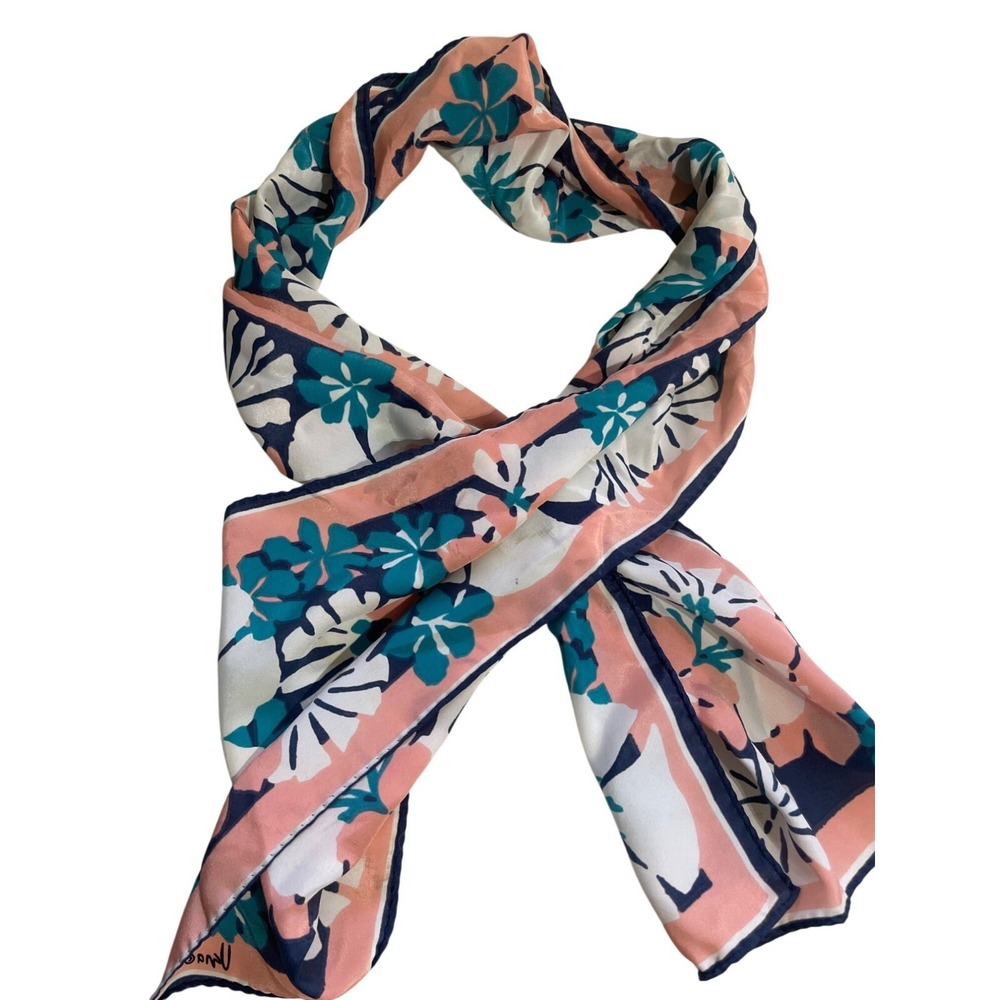 Vera Floral Scarf Pink‎ Teal Navy White Tropical Botanical Oblong 11x51 SKU-123